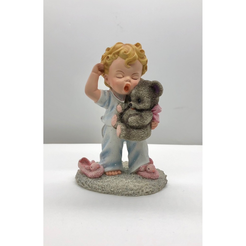 Charlot Byj Yawning Child Figurine with Teddy Bear Blue Polka Dot Pajamas